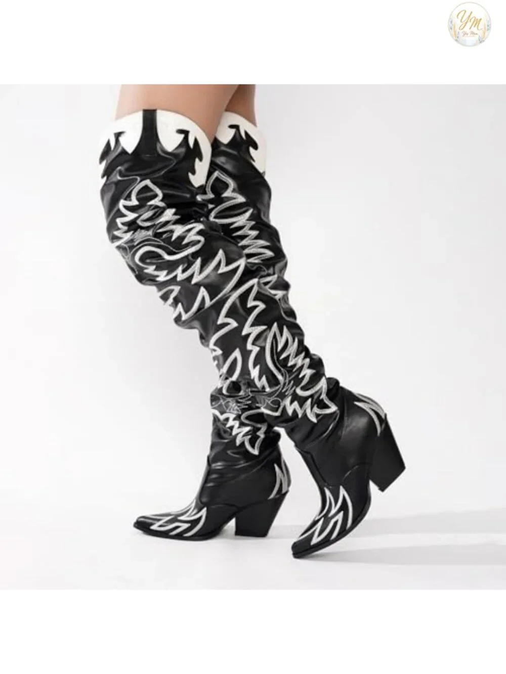 Faux Leather Western Over the Knee Boots Chunky Block Heel Equestrian Cowboy